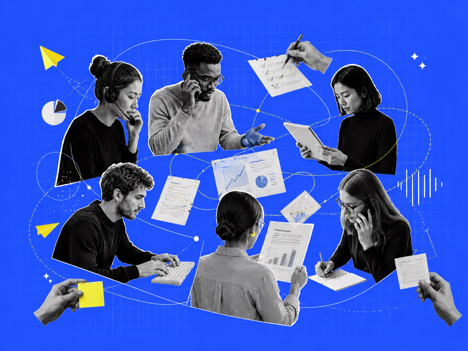 Operational team: six teammates coordinating care — on phones, reviewing charts, writing notes, working at computers